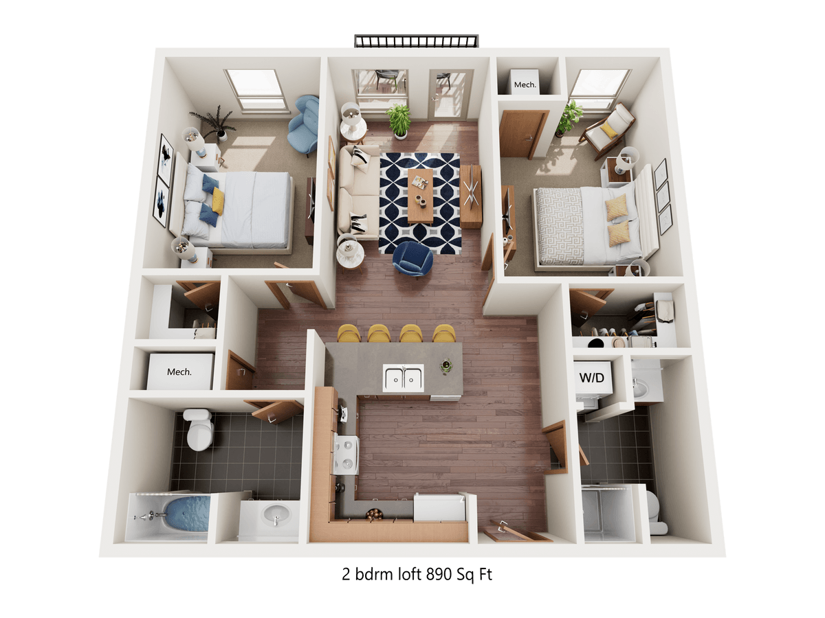 A 2 bedroom apartment is 890 square feet.